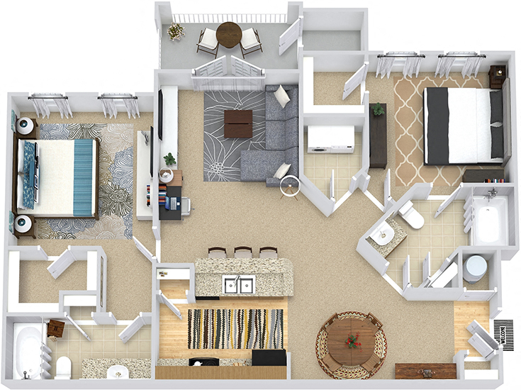 Floor plan for 2 beds, 2 baths, 1096 sqft